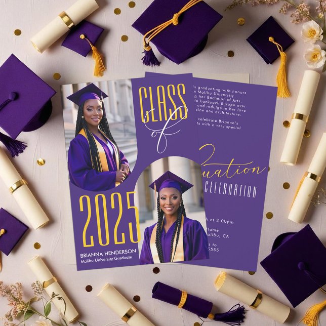 Invitación Graduación morada y amarilla con fotos en arco (Purple and Yellow Gold Graduation Invitation)