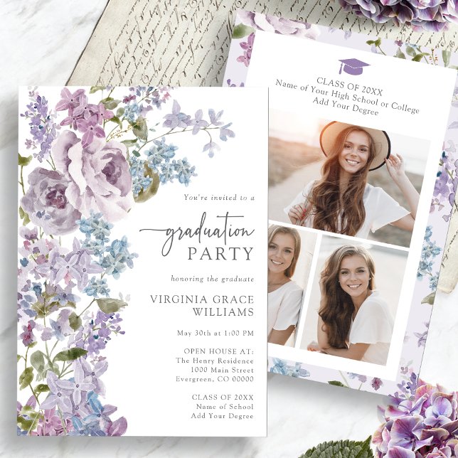 Invitación Graduación Morado Floral (Watercolor Floral Purple Lilac Graduation Invitation Pictures on back by Painted Paperie
)