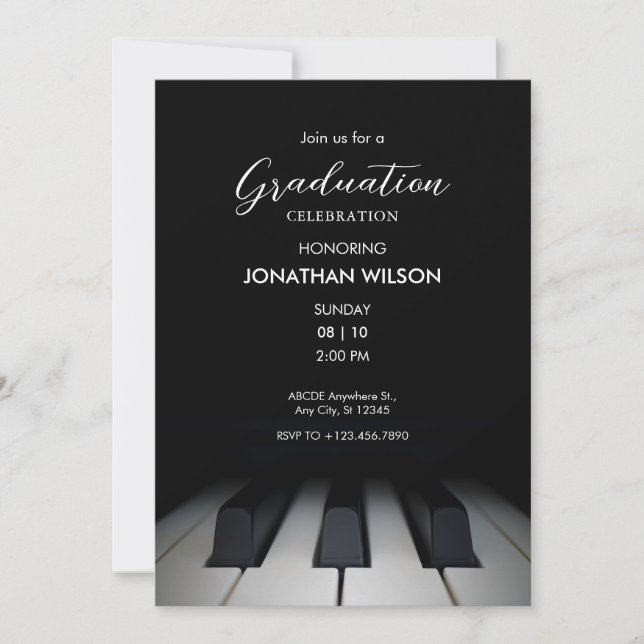 Invitación Graduación musical de piano negro (Anverso)