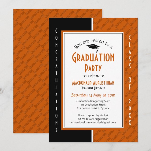 Invitación GRADUACIÓN Naranja personalizado Graduado negro (Anverso / Reverso)