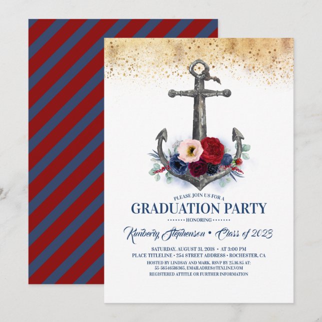 Invitación Graduación Náutica Ancla Floral Azul Marina (Anverso / Reverso)
