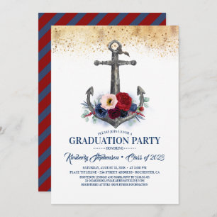Invitación Graduación Náutica Ancla Floral Azul Marina