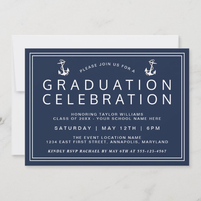 Invitación Graduación Náutica Clásica Azul Marina (Anverso)
