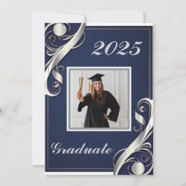 Invitación Graduación Navy Plata Blanco