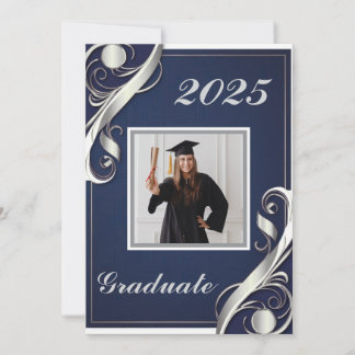 Invitación Graduación Navy Plata Blanco