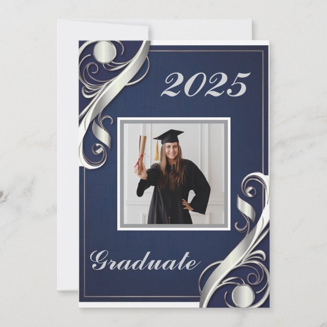 Invitación Graduación Navy Plata Blanco (Anverso)