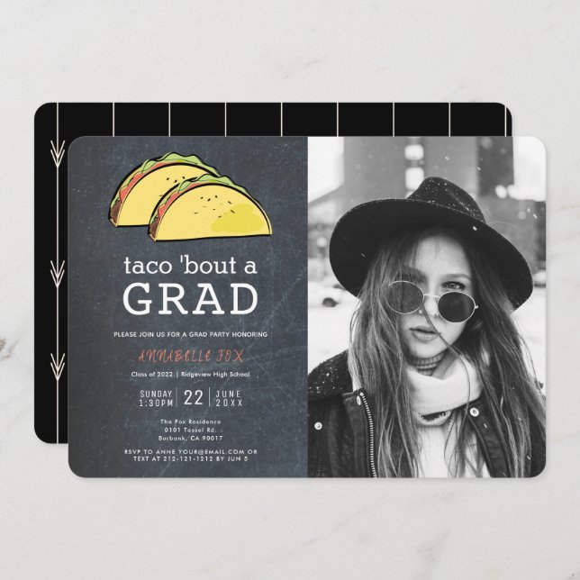 Invitación Graduación negra de Taco Bout GRAD Photo Chalkboar (Anverso / Reverso)
