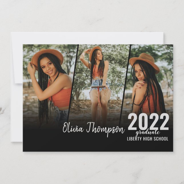 Invitación Graduación negra en Collage de fotos de escritura  (Anverso)