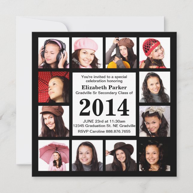 Invitación Graduación negra moderna con 12 fotos (Anverso)
