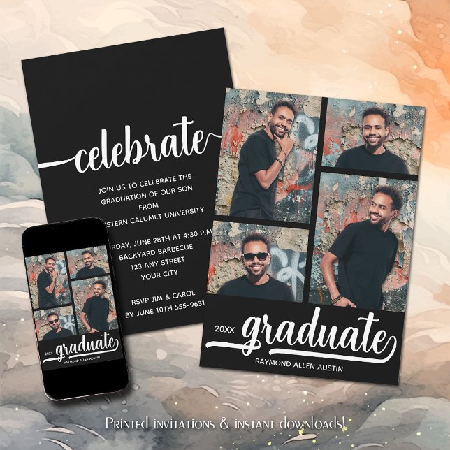 Invitación Graduación negra moderna de 4 Collages de fotos (Modern 4 Photo Collage Black Graduation Invitations)