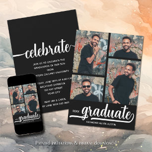 Invitación Graduación negra moderna de 4 Collages de fotos