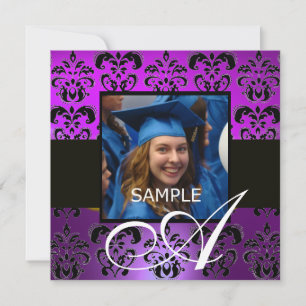 Invitación GRADUACIÓN NEGRA PURPURPLE DAMASK MONOGRAM , viole