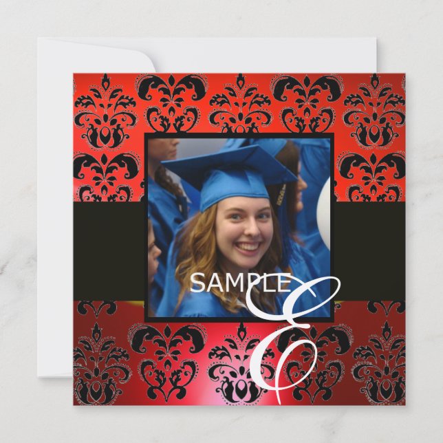 Invitación GRADUACIÓN NEGRA ROJA DAMASK MONOGRAM champagne (Anverso)
