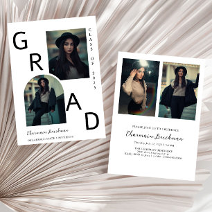 Invitación Graduación negrita GRAD de múltiples fotos en blan