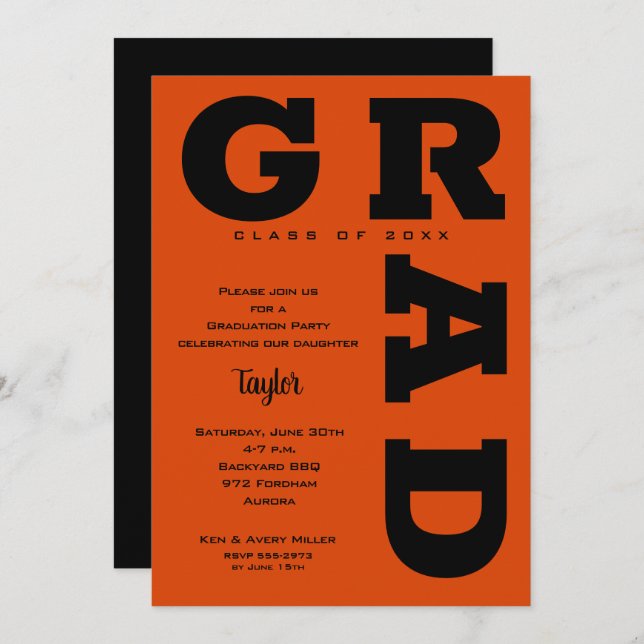 Invitación Graduación negrita GRAD en negro y Naranja (Anverso / Reverso)