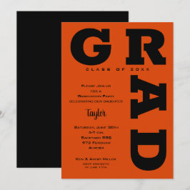 Invitación Graduación negrita GRAD en negro y Naranja
