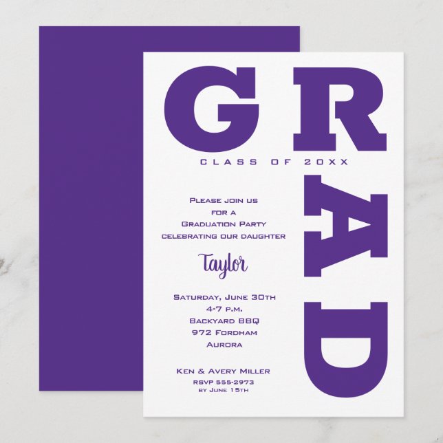 Invitación Graduación negrita GRAD morado y blanco (Anverso / Reverso)
