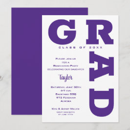 Invitación Graduación negrita GRAD morado y blanco