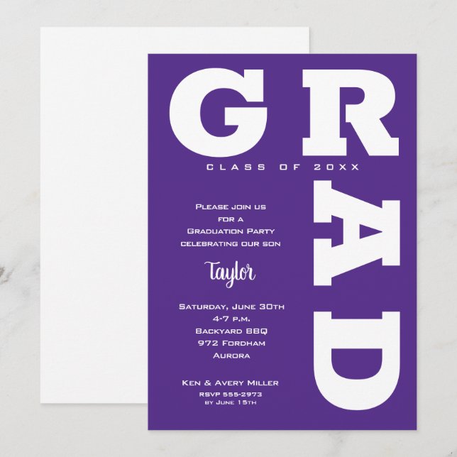 Invitación Graduación negrita GRAD morado y blanco (Anverso / Reverso)