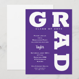 Invitación Graduación negrita GRAD morado y blanco