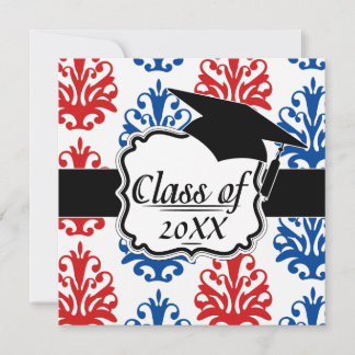 Invitación graduación norteamericana de damasco azul y blanco