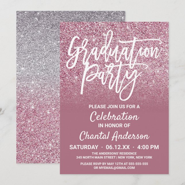 Invitación Graduación Ombre Purpurina De Faux De Plata Rosa C (Anverso / Reverso)