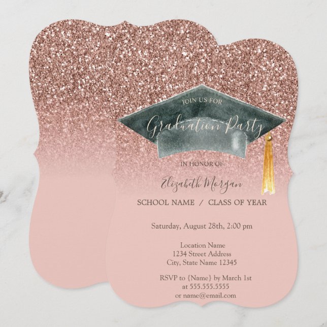 Invitación Graduación Ombre Purpurina Ombre de Grad Cap Rosa  (Anverso / Reverso)