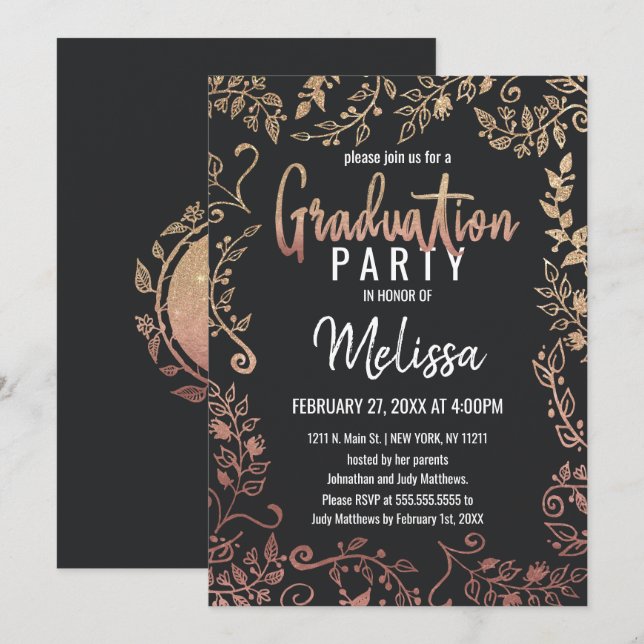 Invitación Graduación Ombre Purpurina Rosa Gold Floral Gold (Anverso / Reverso)