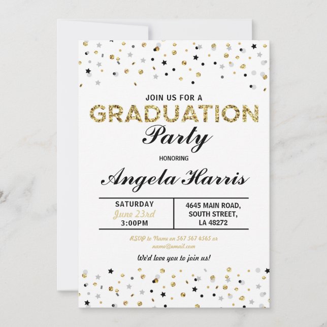 Invitación Graduación Oro Invitar a Fiesta Polka Estrellas de (Anverso)