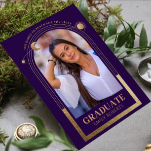 Invitación Graduación Oro púrpura Sol Estrellas Luna Grad Fot