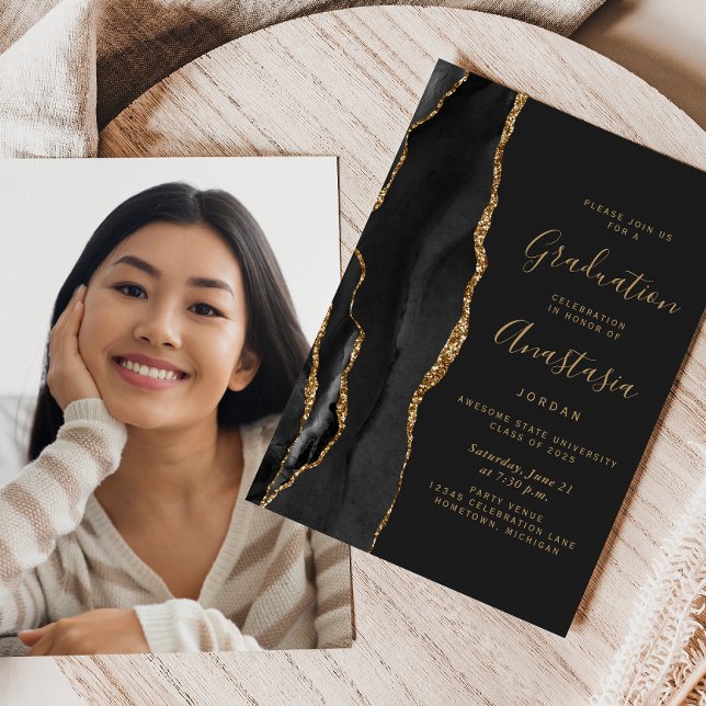 Invitación Graduación oscura de la foto de la Black Gold Agat (Subido por el creador)