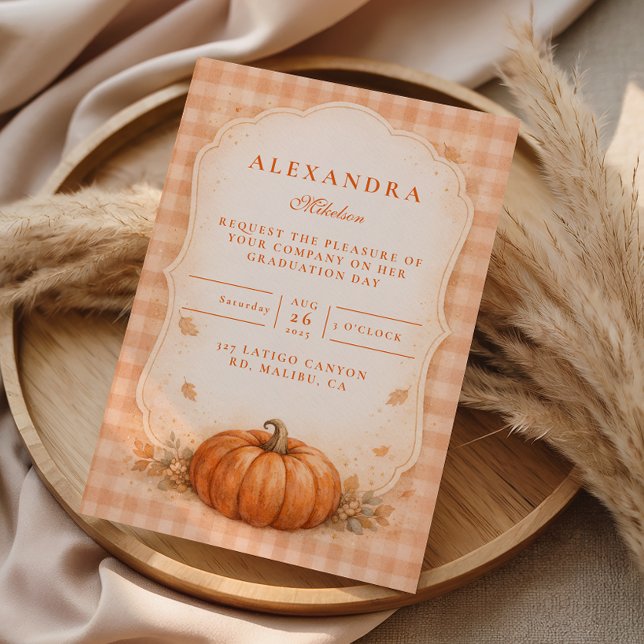 Invitación Graduación Otoñal de Calabaza Gingham Rústica (Subido por el creador)