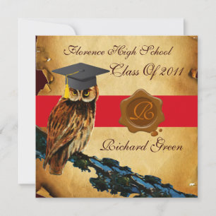INVITACIÓN GRADUACIÓN OWL PARCHMENT BROWN WAX SEAL MONOGRAM