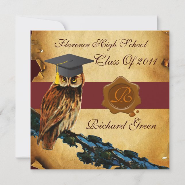 INVITACIÓN GRADUACIÓN OWL PARCHMENT BROWN WAX SEAL MONOGRAM (Anverso)
