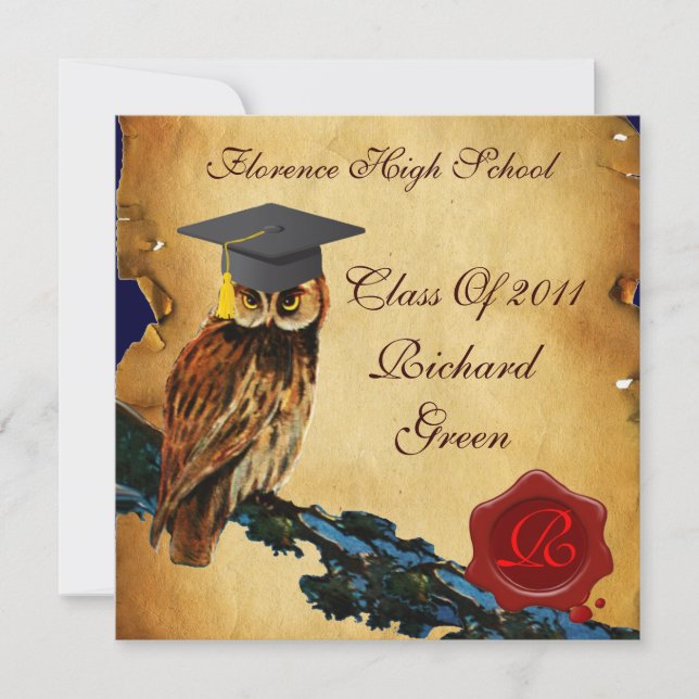 Invitación GRADUACIÓN OWL PARCHMENT WAX SEAL MONOGRAM Felt (Anverso)