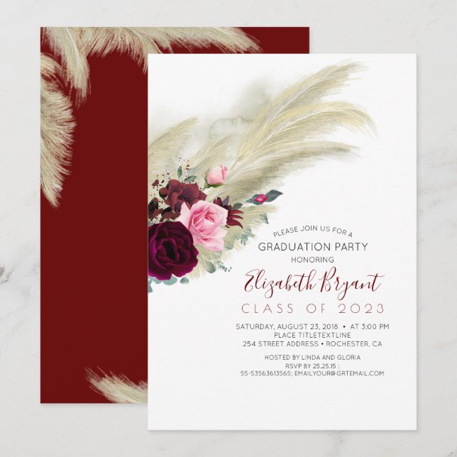 Invitación Graduación Pampas Grass Borgoña Red Floral (Anverso / Reverso)