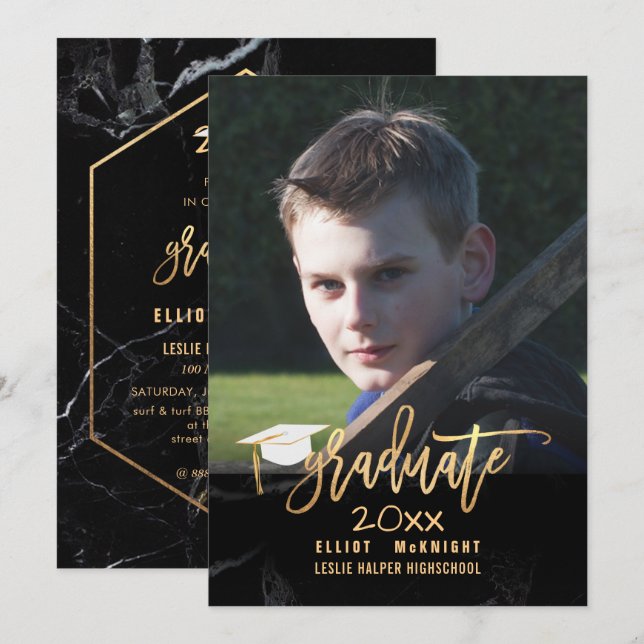 Invitación Graduación PixDezines Faux Gold/Black Marble (Anverso / Reverso)