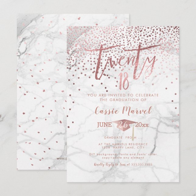 Invitación Graduación PixDezines Marble Faux Rosa Gold 2018 (Anverso / Reverso)