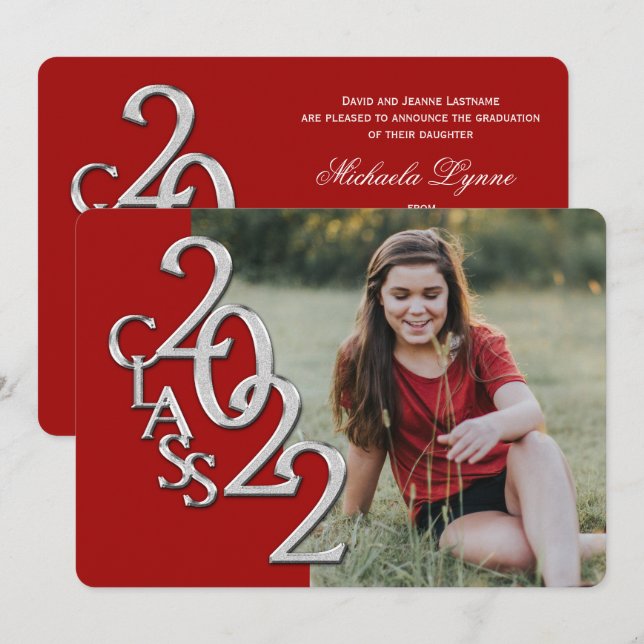 Invitación Graduación plateada y roja 2022 con foto (Anverso / Reverso)
