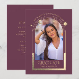 Invitación Graduación Plum Gold Sun Moon Stars Grad Photo