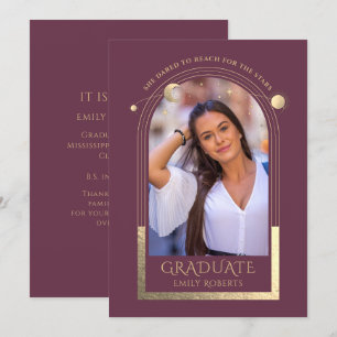 Invitación Graduación Plum Gold Sun Moon Stars Grad Photo