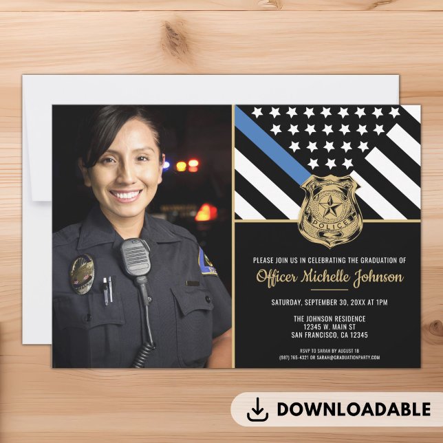 Invitación Graduación policial, foto de aplicación de la ley  (Police Graduation Blue Line Law Enforcement Photo Invitation)