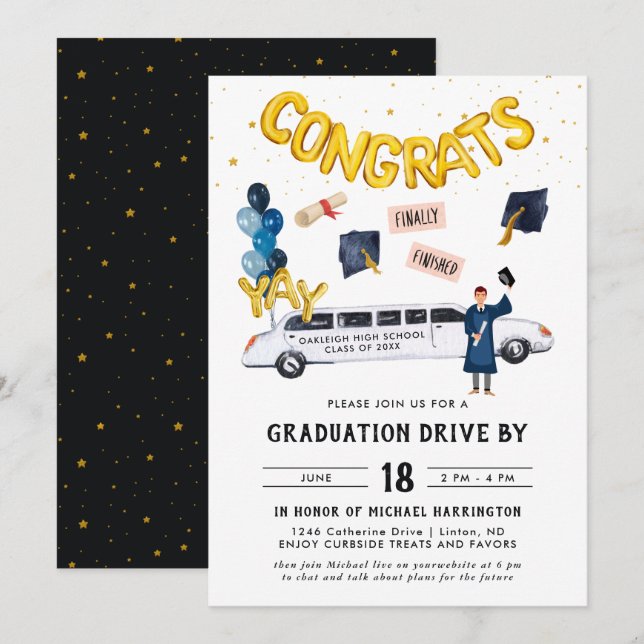 Invitación Graduación Por Fiesta Del Desfile | Limo blanco (Anverso / Reverso)
