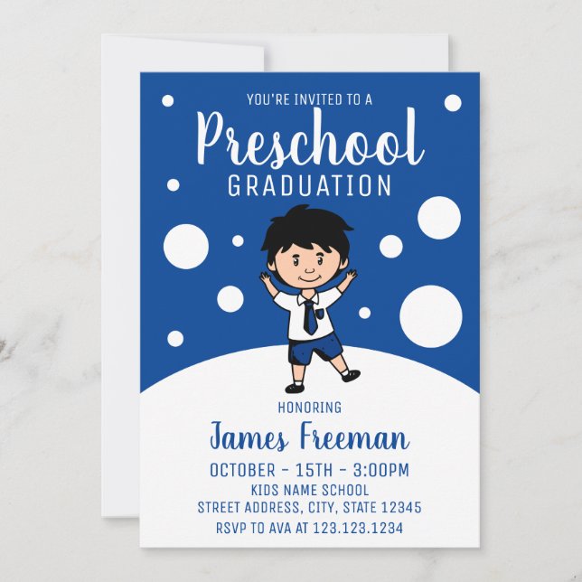 Invitación Graduación preescolar Cute Blue Boy (Anverso)