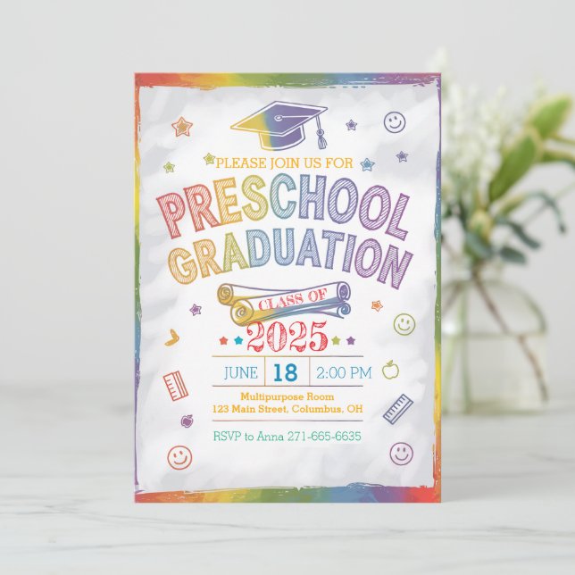 Invitación Graduación Preescolar Personalizada con Tema Arcoi (Anverso de pie)