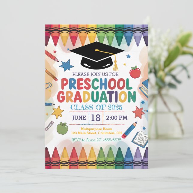 Invitación Graduación Preescolar Personalizada Con Temas De C (Anverso de pie)