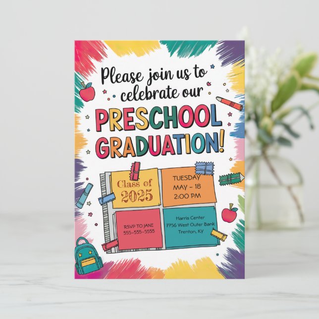 Invitación Graduación Preescolar Vibrante Personalizada (Anverso de pie)