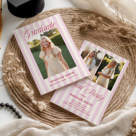 Invitación Graduación Preppy de Rayas Rosas