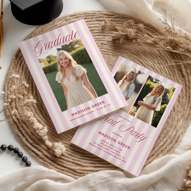 Invitación Graduación Preppy de Rayas Rosas (Subido por el creador)