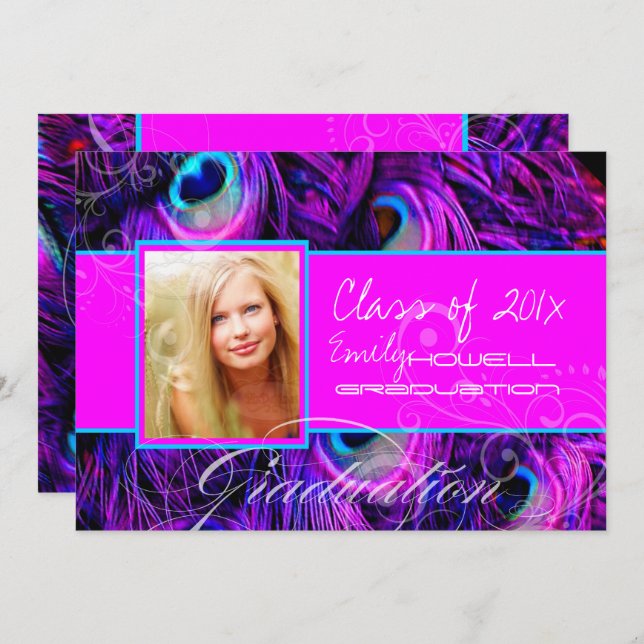 Invitación Graduación psicodélica de pavo real (Anverso / Reverso)